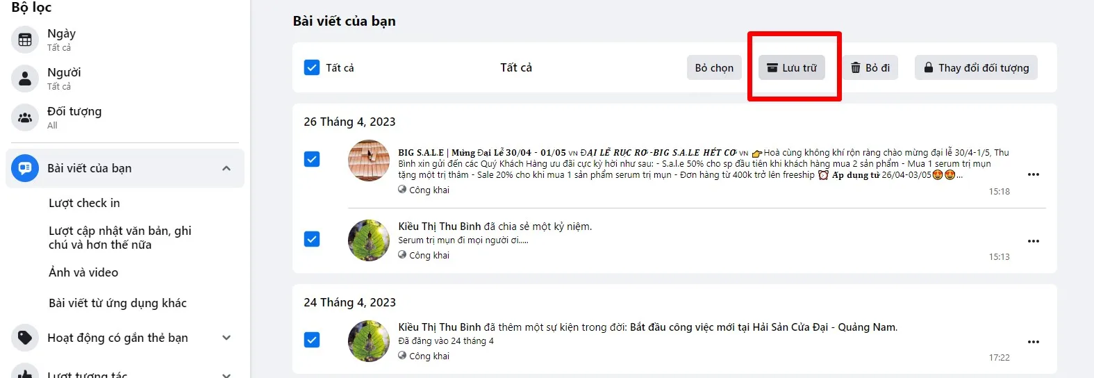 Bước 3: Chọn mục Lưu trữ để ẩn các bài viết đã chọn khỏi dòng thời gian