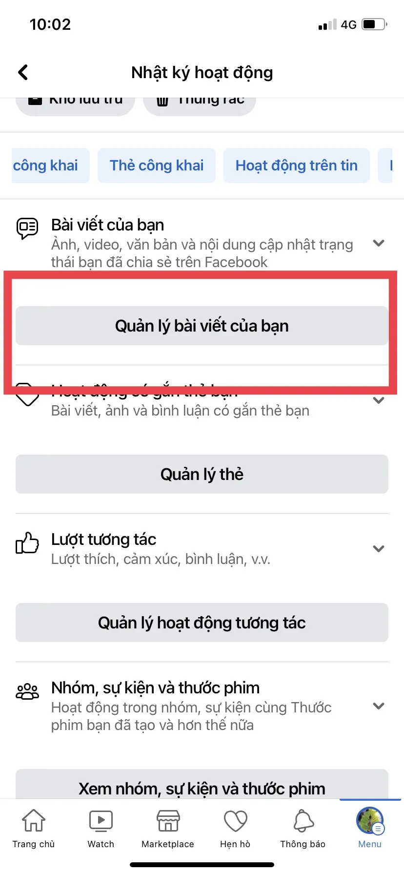 Bước 3: Chọn thẻ Quản lý bài viết của bạn để tiến hành lọc và ẩn hàng loạt