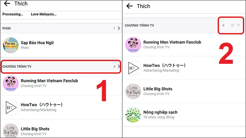 Bước 3 Mobile: Tùy chỉnh danh mục các trang đã thích