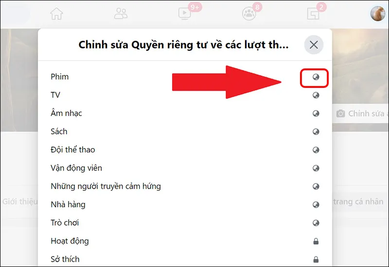 Bước 3 PC: Nhấp chọn biểu tượng Trái Đất (Công khai) để thay đổi