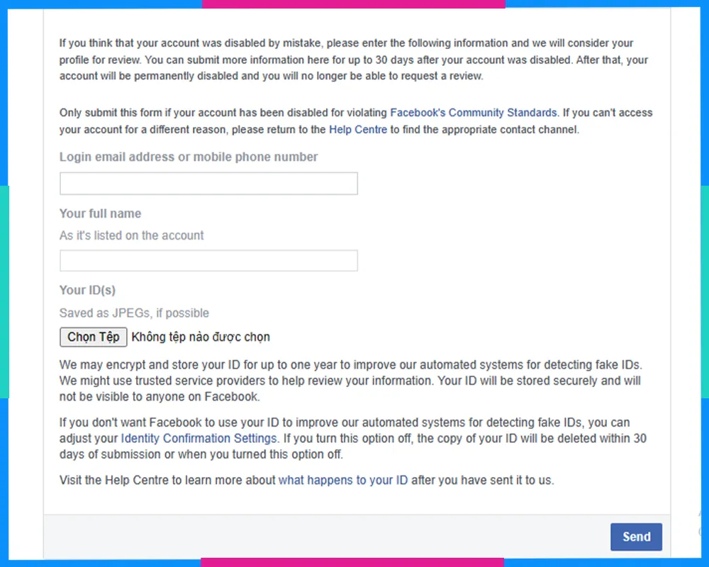 Bước 3: Truy cập đường dẫn kháng nghị tài khoản bị vô hiệu hóa, điền đầy đủ các thông tin.