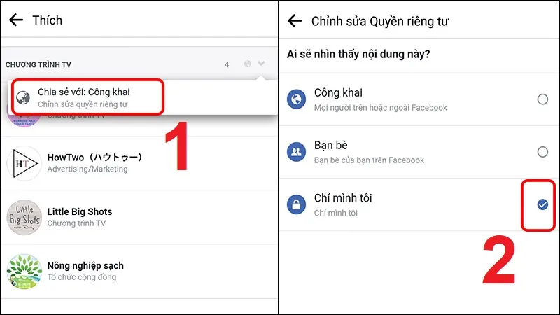 Bước 4 Mobile: Đổi quyền riêng tư từ Công khai sang Chỉ mình tôi