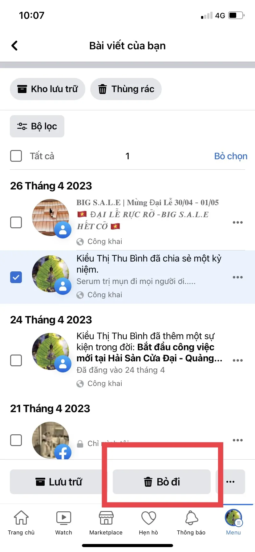 Bước 5: Chọn mốc thời gian, đánh dấu tích xanh vào bài viết và chọn Bỏ đi