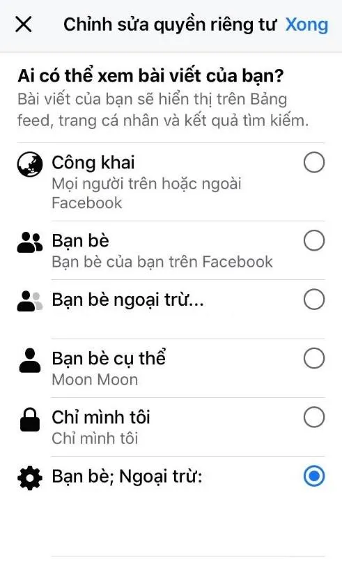 Các tùy chọn đối tượng xem ảnh bao gồm Bạn bè, Chỉ mình tôi