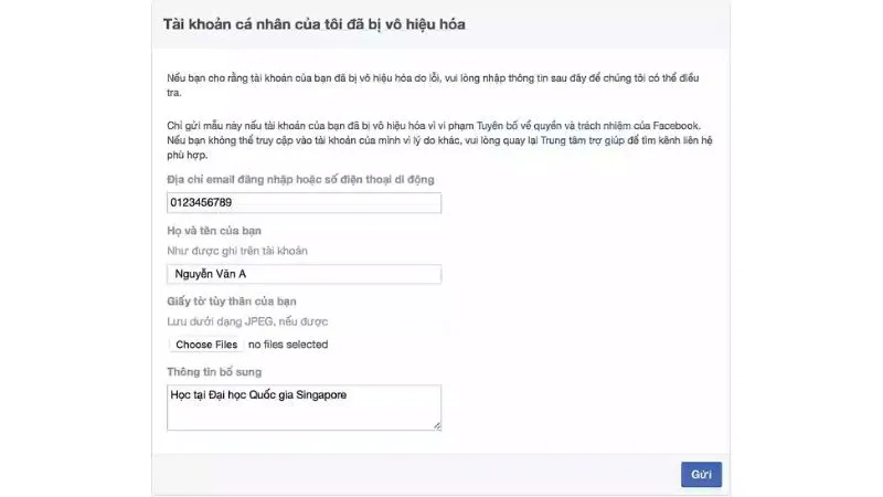 cach mo khoa tai khoan facebook bi khoa vinh vien: Hình ảnh minh họa giao diện gửi đơn kháng nghị cho tài khoản bị vô hiệu hóa