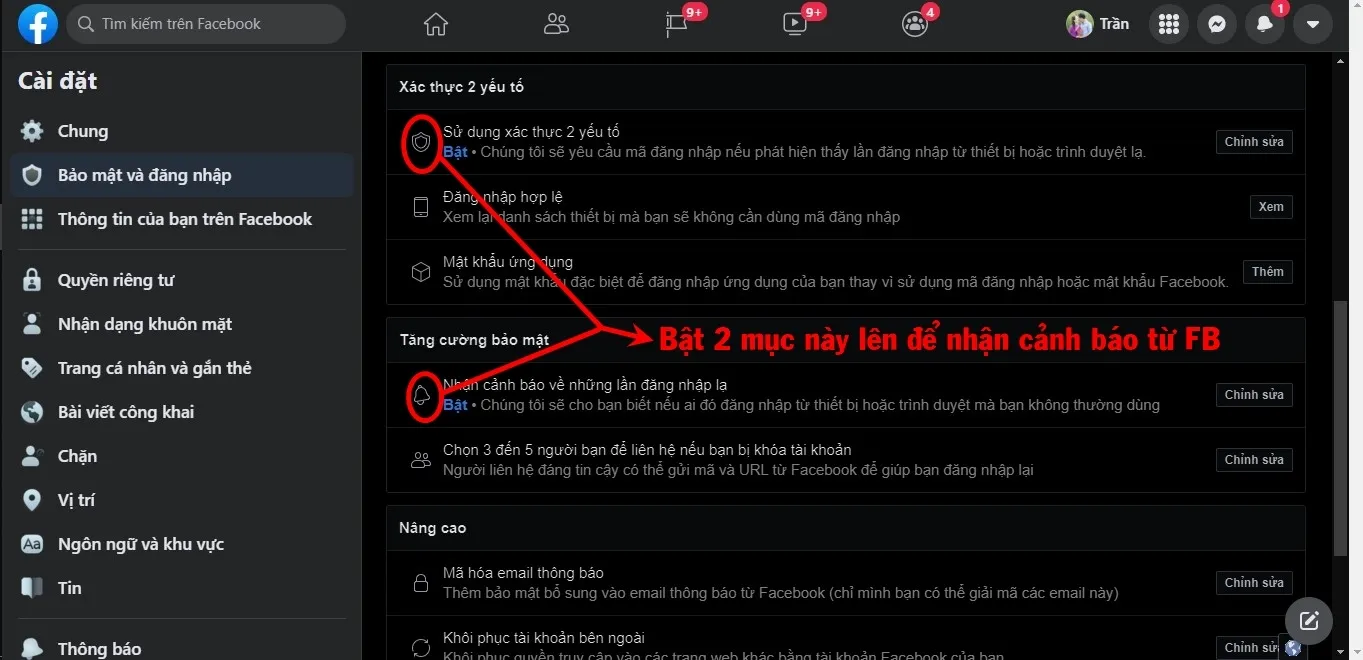 Cài đặt bảo mật bổ sung cho tài khoản Facebook.