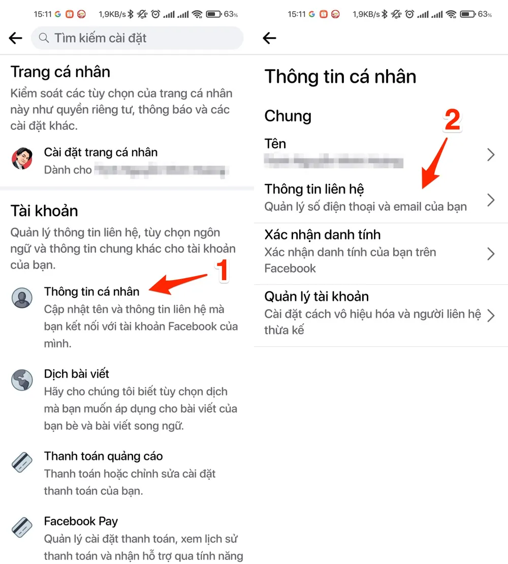 Giao diện cài đặt Facebook trên điện thoại cho cách đổi địa chỉ email trên facebook
