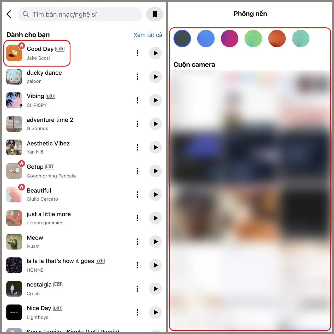 Chọn bài hát cần chèn lời và phông nền hoặc ảnh yêu thích cho story