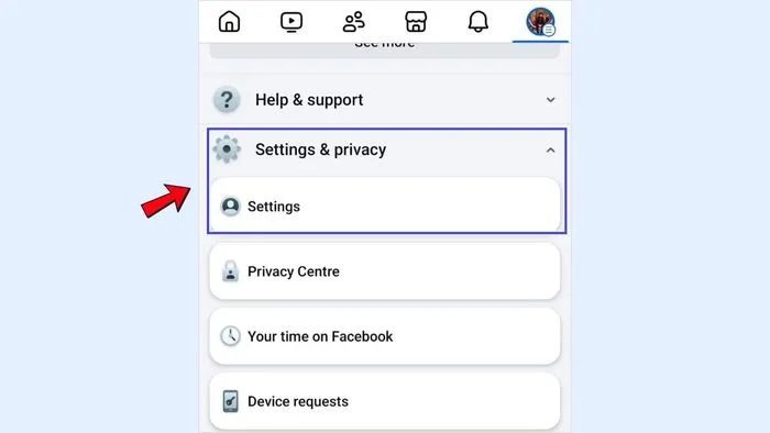 Chọn cài đặt và quyền riêng tư để vào Trung tâm Tài khoản Meta