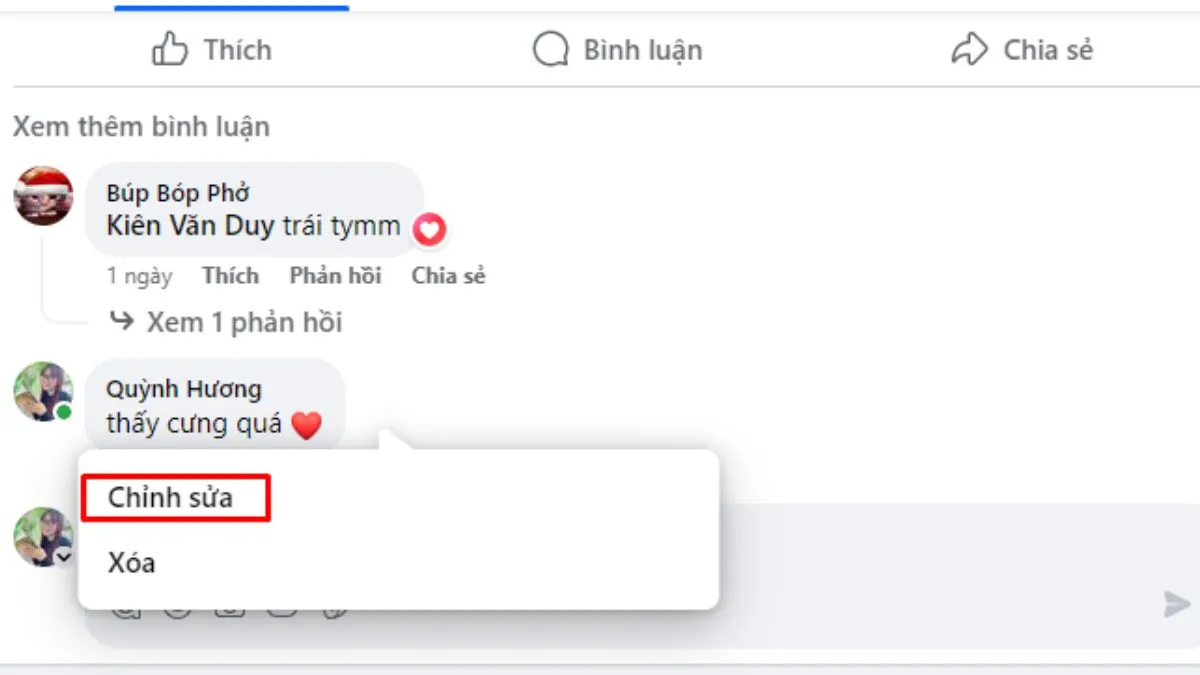 Chọn 'Chỉnh sửa' từ menu thả xuống khi dùng cách chỉnh sửa bình luận trên facebook bằng PC