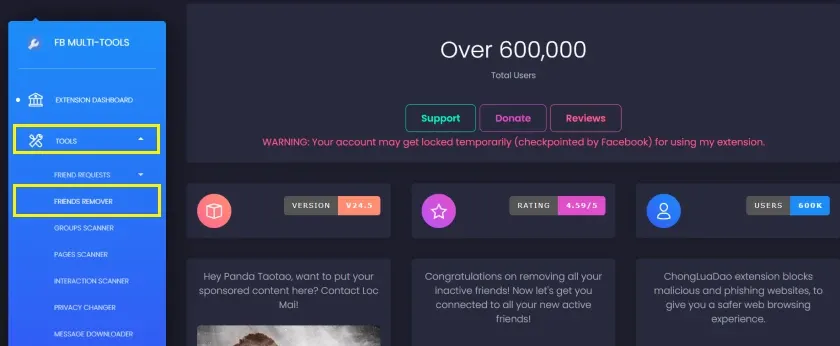 Chọn công cụ Friends Removers trong Multiple Tools for Facebook