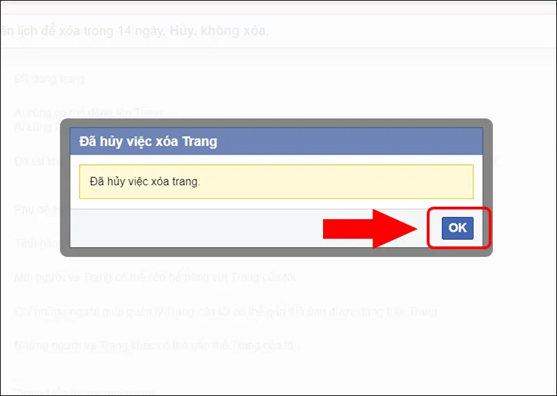 Chọn Hủy không xóa để khôi phục page facebook trước thời hạn 14 ngày
