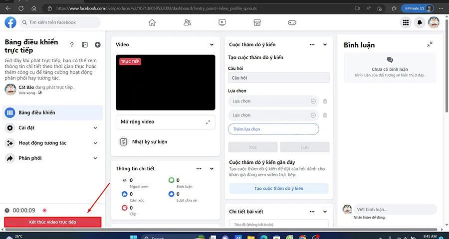 Chọn Kết thúc video trực tiếp để dừng Live