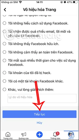 Chọn một lý do để khóa fanpage Facebook tạm thời.