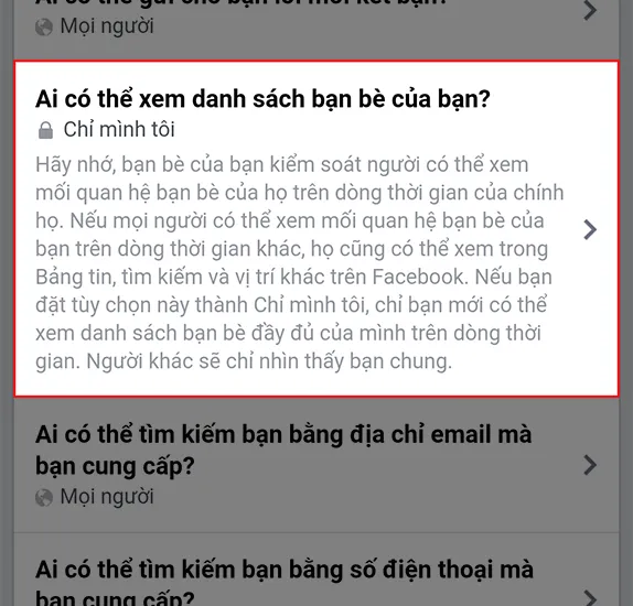 Chọn mục Ai có thể xem danh sách bạn bè của bạn trong cài đặt quyền riêng tư