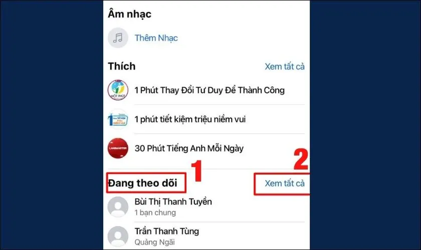 Chọn mục Đang theo dõi và chọn Xem tất cả để xem danh sách tài khoản, fanpage đang theo dõi