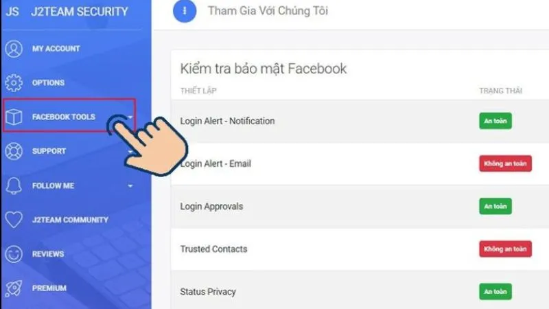 Chọn mục Facebook Tools trong giao diện của tiện ích J2TEAM Security