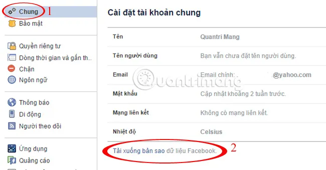 Chọn mục Tải xuống bản sao dữ liệu trên Facebook