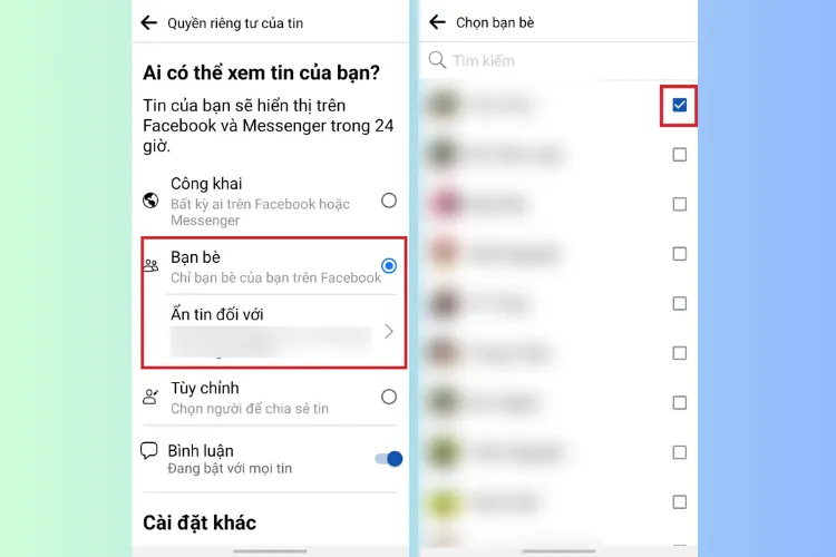 Chọn người cần ẩn tin của bạn qua tùy chọn ẩn tin đối với.