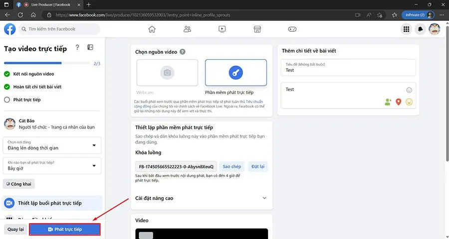 Chọn Phát trực tiếp để bắt đầu buổi Live