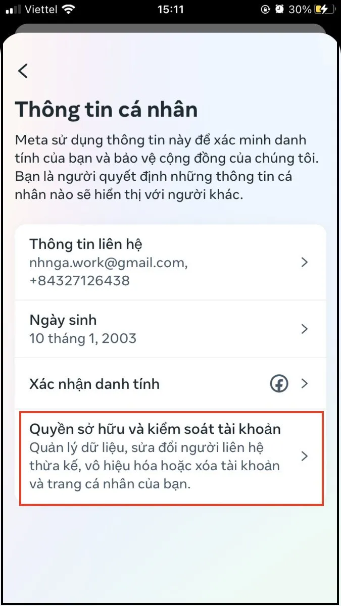 Chọn Quyền sở hữu và kiểm soát tài khoản để thực hiện xóa hoặc vô hiệu hóa trang cá nhân