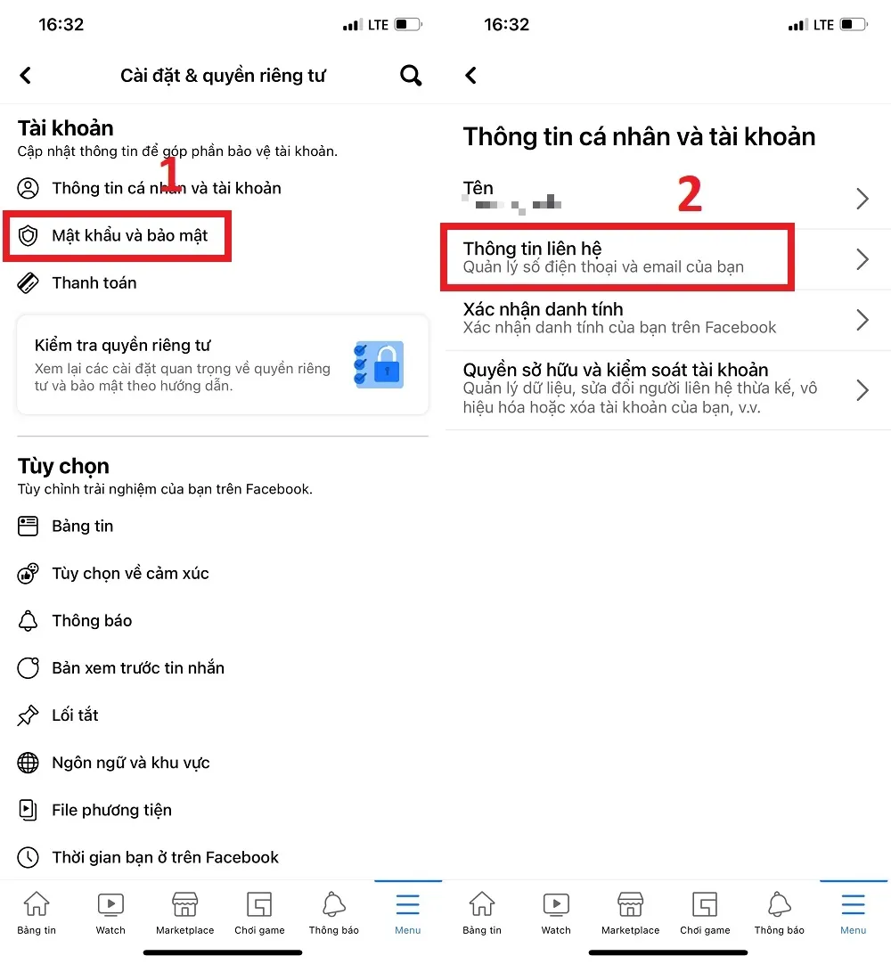 Chọn số điện thoại cần gỡ bỏ trong mục Thông tin liên hệ để thực hiện cách xóa số điện thoại đăng nhập trên Facebook