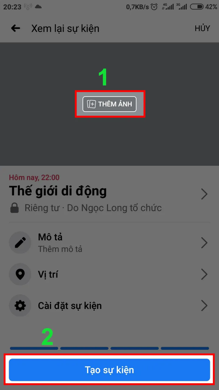 Chọn Tạo sự kiện để hoàn tất việc thiết lập Event Facebook