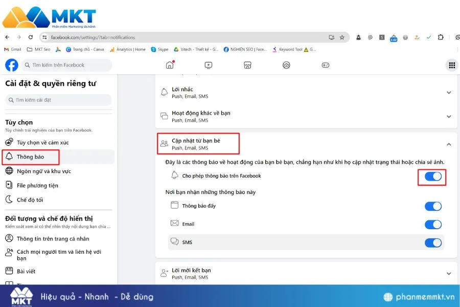 Chọn Thông báo và Cập nhật từ bạn bè để tắt âm thanh thông báo trên Facebook