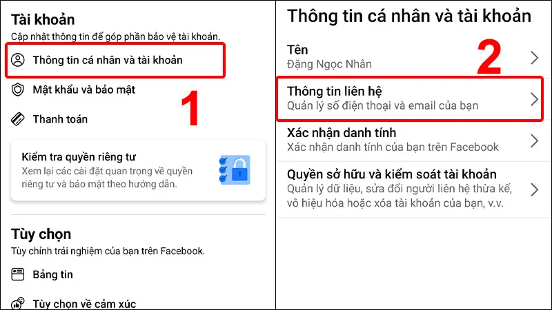 Chọn Thông tin liên hệ để thêm số điện thoại của bạn vào tài khoản Facebook