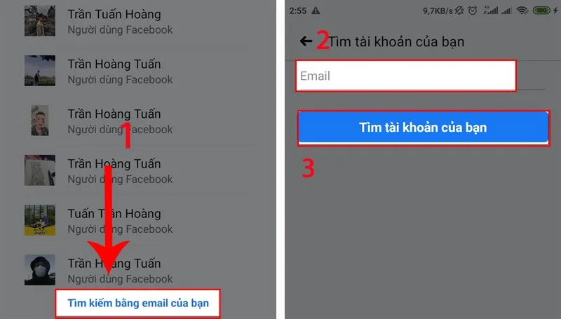 Chọn tìm kiếm bằng email nếu bạn không muốn dùng số điện thoại để khôi phục mật khẩu