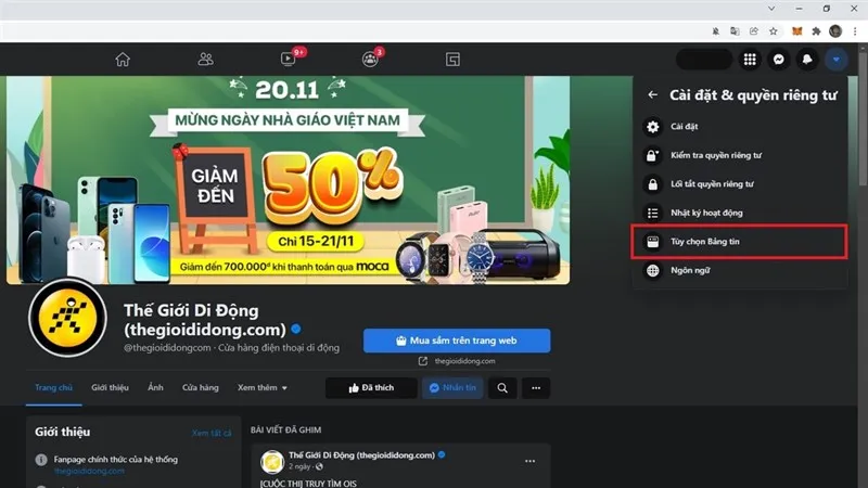 Chọn Tùy chọn Bảng tin trong phần cài đặt Facebook