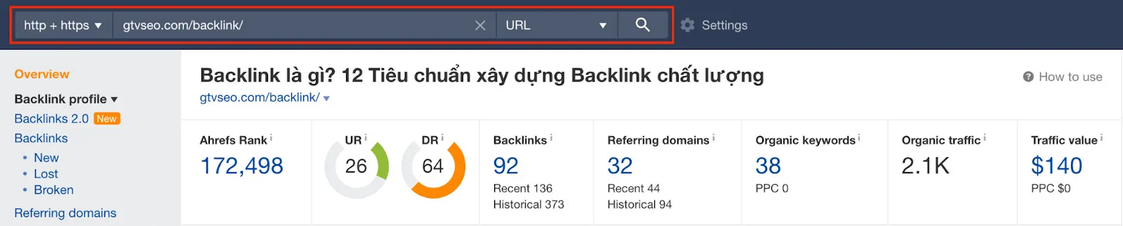 Copy URL và bỏ vào công cụ Ahrefs