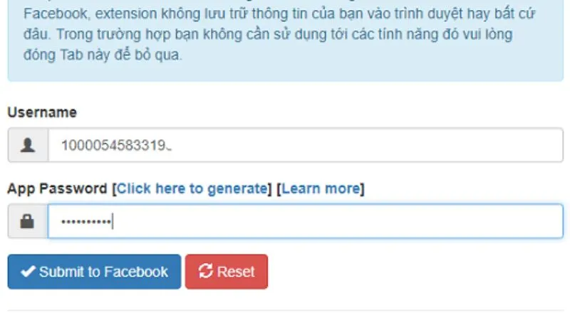 Dán App Password đã copy vào ô yêu cầu và nhấn Submit to Facebook