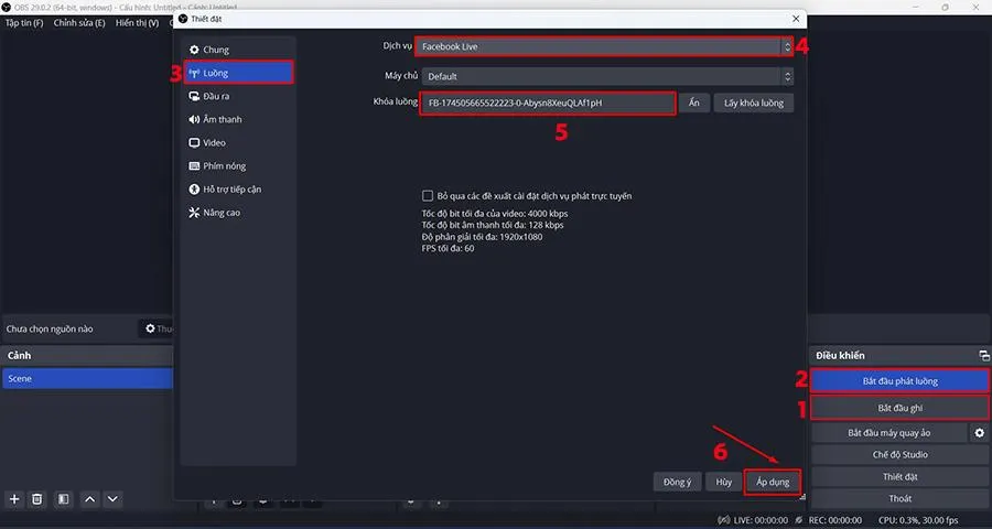 Dán khóa luồng vào phần cài đặt của phần mềm OBS Studio