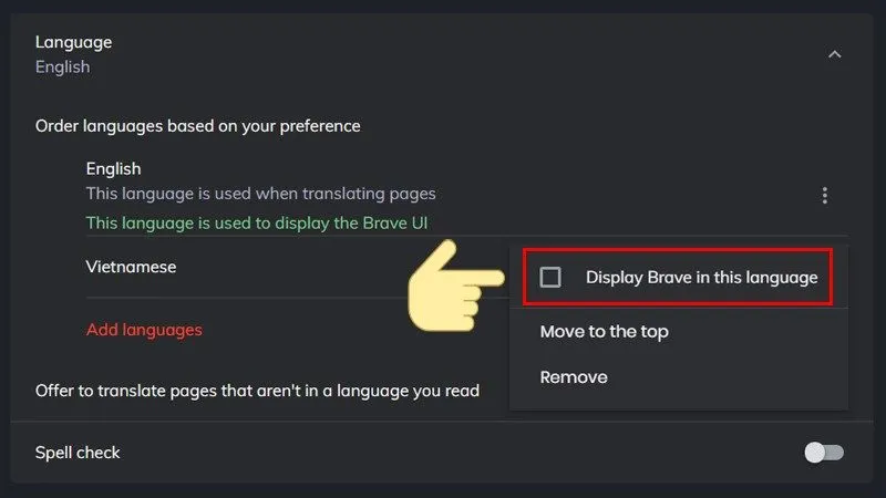Đánh dấu tích vào ô Display Brave in this language (hoặc Chrome) để đặt Tiếng Việt