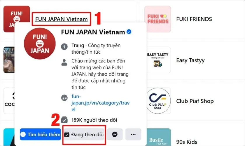 Di chuyển chuột tới mục Đang theo dõi của Fanpage và nhấn chọn để xem cài đặt theo dõi