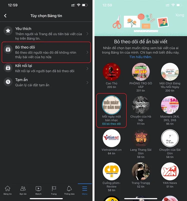 Giao diện bỏ theo dõi hàng loạt trên ứng dụng di động Facebook