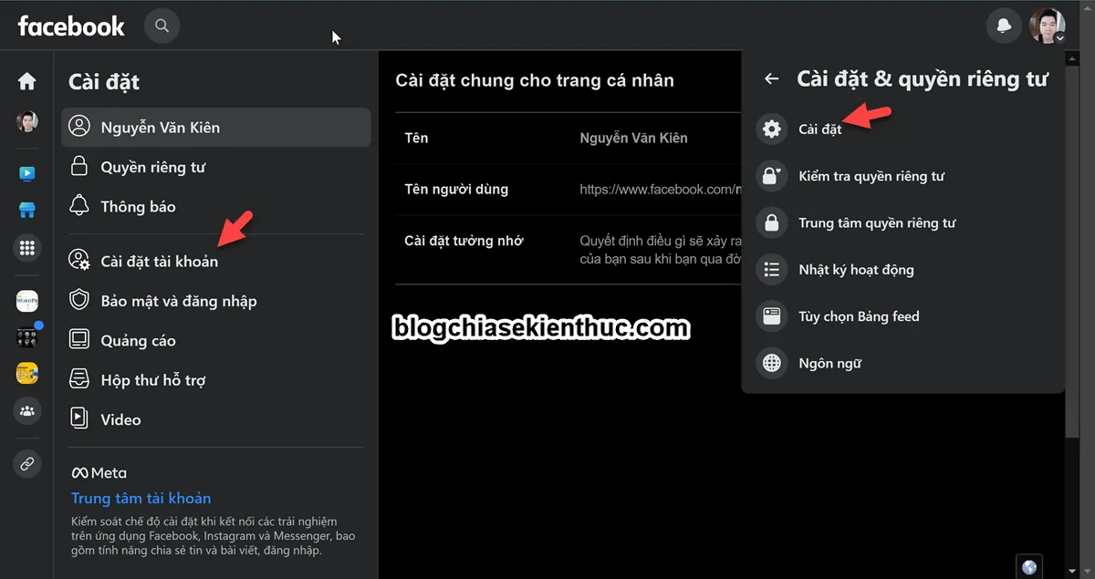 Giao diện cài đặt Facebook, chọn 'Cài đặt' để vào khu vực quản lý tài khoản chính.