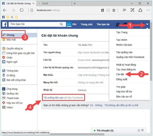 Giao diện cài đặt tài khoản Facebook trên trình duyệt máy tính