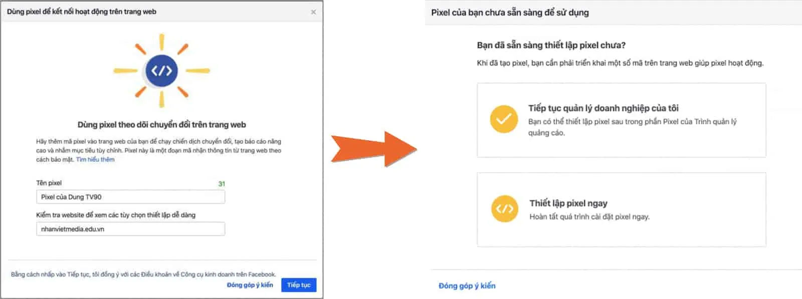 Giao diện chia sẻ pixel facebook giữa các Business Manager