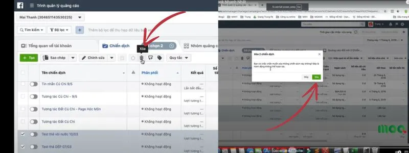 Giao diện chỉnh sửa quảng cáo hiển thị các tùy chọn quản lý trạng thái, bao gồm tùy chọn xóa