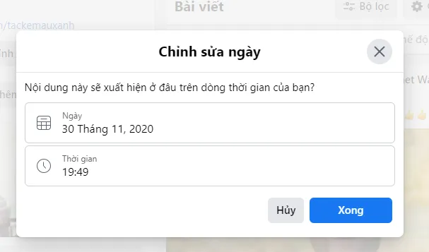 Giao diện chọn lại ngày giờ cho bài đăng Fanpage trên Facebook