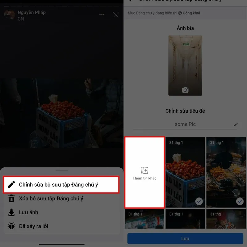 Giao diện chọn Thêm tin khác trong mục chỉnh sửa tin nổi bật