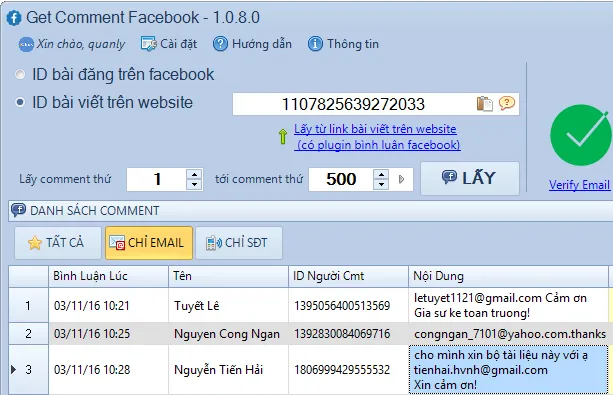 Giao diện công cụ hỗ trợ cách lọc cmt facebook nhanh chóng và hiệu quả