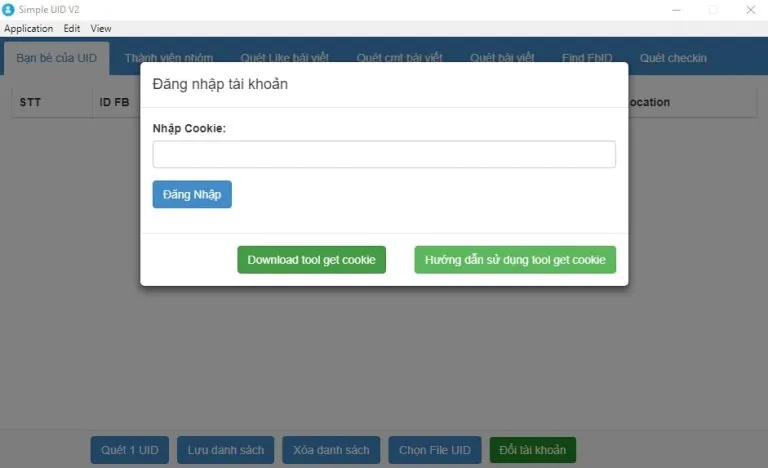 Giao diện đăng nhập phần mềm Simple UID bằng Cookie Facebook