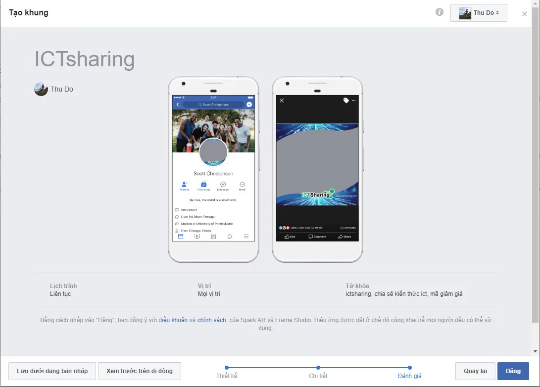 Giao diện điền thông tin chi tiết và từ khóa cho Frame Facebook