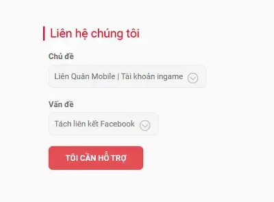 Giao diện gửi yêu cầu hỗ trợ tách tài khoản Facebook