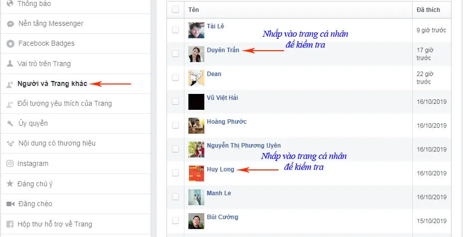 Giao diện kiểm tra tài khoản cá nhân của những người like trang