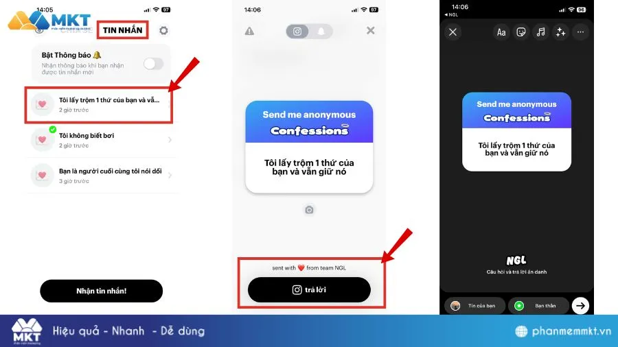 Giao diện kiểm tra và trả lời tin nhắn ẩn danh trong ứng dụng NGL