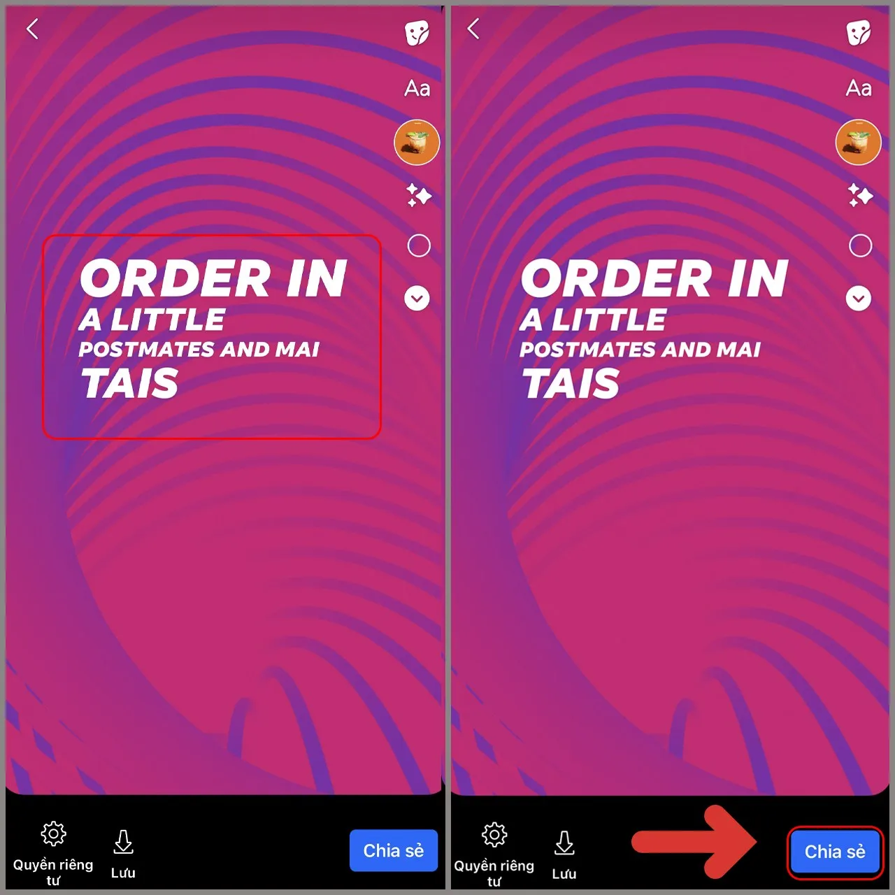 Giao diện lời bài hát hiển thị trên story và nút Chia sẻ để đăng tải story lên facebook